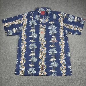 Quiksilver Shirt Mens Large Blue Hawaiian Floral Button Up Camp Aloha Surf Beach